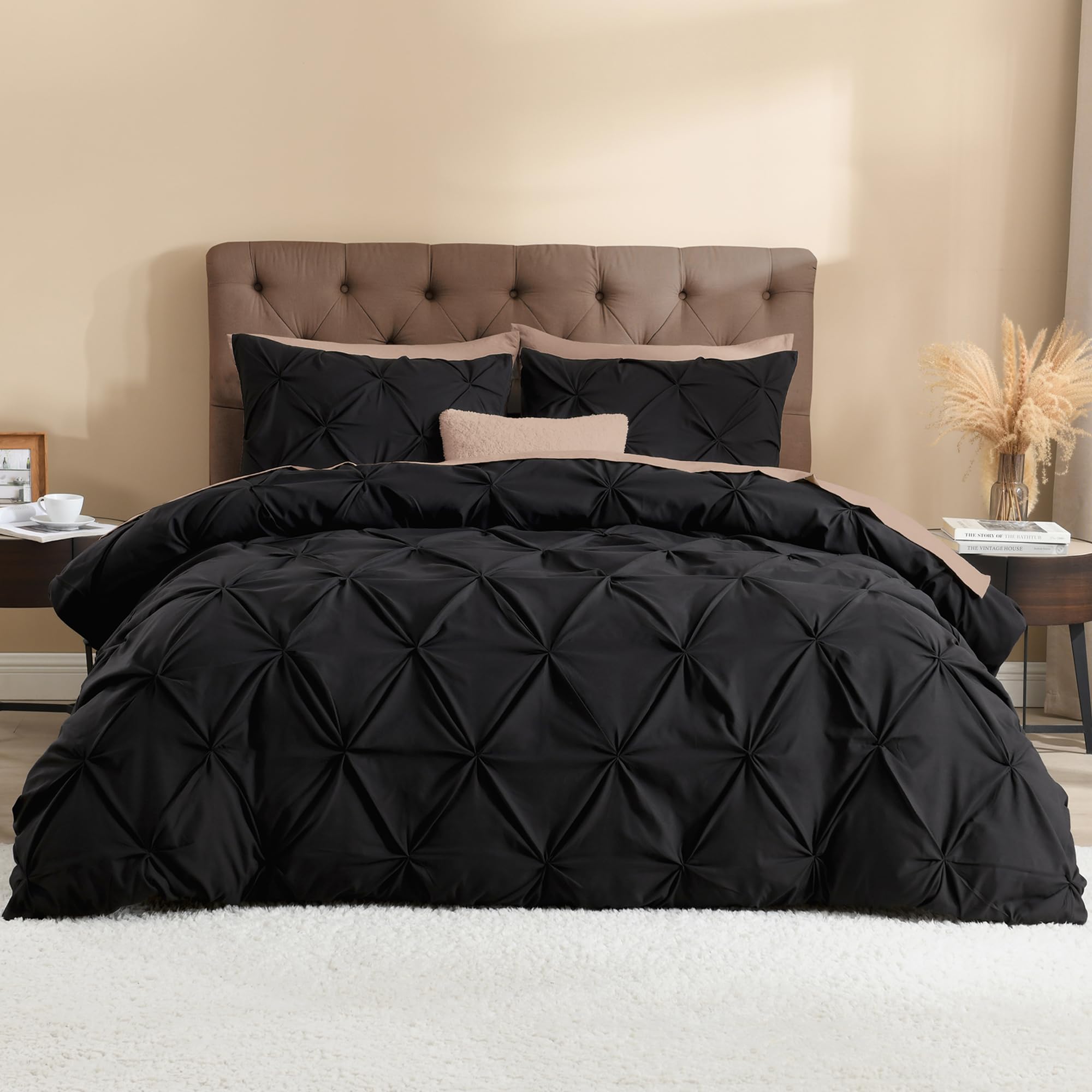 Photo 1 of Litanika Black Queen Pinch Pleat Duvet Cover, 3 Pieces Pintuck Cover Soft Microfiber Bedding Set with Zipper Closure & Corner Ties(90x90Inch-1 Duvet Cover, 2 Pillowcases)