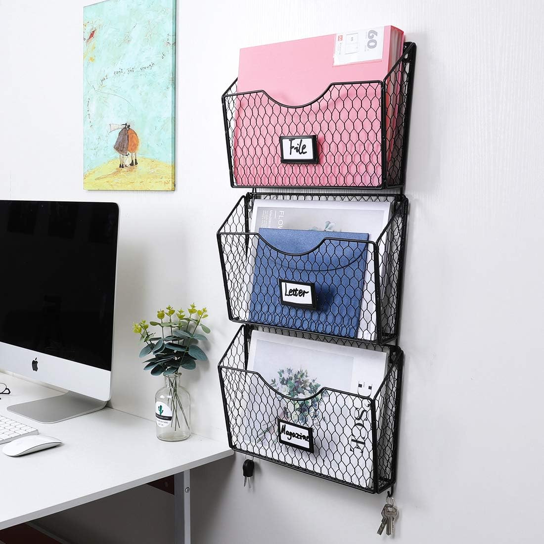 PAG 3 Pockets Hanging File Holder Wall Mount Mail Organizer Metal Chicken Wire Magazine Rack with Tag Slot (Black-DG) : Office Products