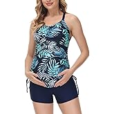 Maacie Maternity Athletic Tankini Swimsuits Two Piece Floral Print Ruched Tops with Shorts