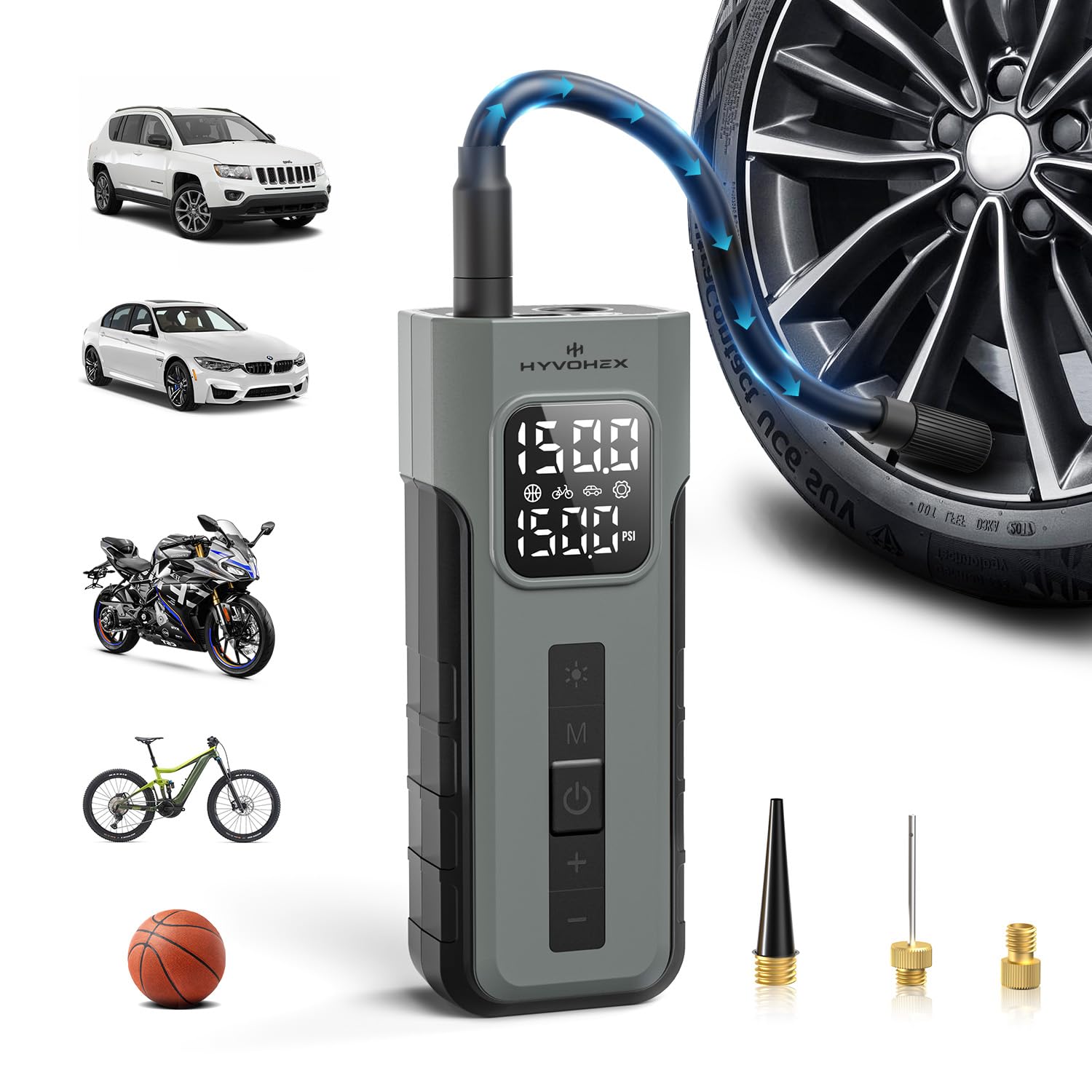 Photo 1 of Tire Inflator Portable Air Compressor, 1 Min Fast Inflation Cordless Bike Pump with Digital Pressure Gauge LED Light, 150 PSI Electric Air Pump for Car Tires, Bicycle, Motorcycle, Ball