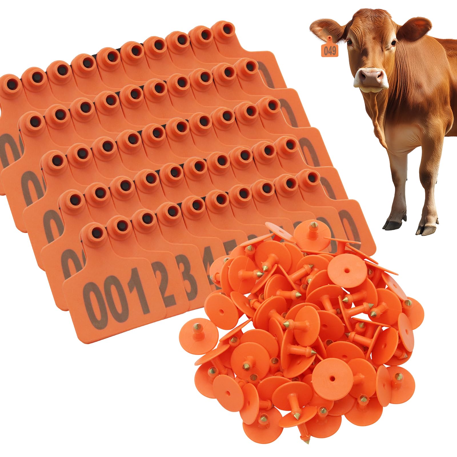 Photo 1 of 100PCS Cattle Ear Tags Numbered 001-100,Plastic Livestock Ear Tags with Animal Identification Tags for Cattle Cows Hogs Pigs Sheep Goats (Orange)