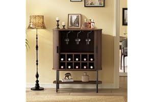 FiveWillowise Coffee Bar Cabinet with Storage, Fluted Wine Cabinet with Sliding Doors, Glass Holder and Wine Rack, Buffet Sideboard Liquor Cabinet for Kitchen, Dining Room, Living Room, Walnut