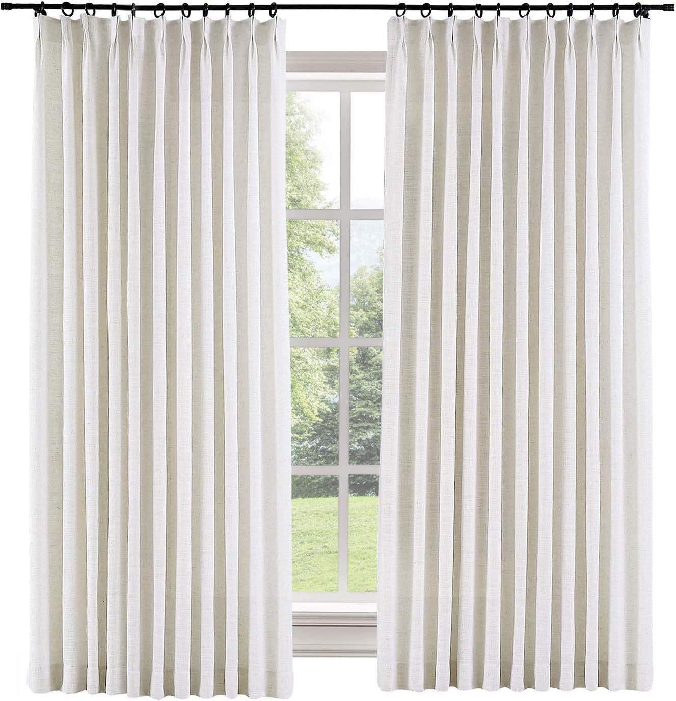 ChadMade 72" W x 84" L Polyester Linen Drape with Blackout Lining Pinch Pleat Curtain for Sliding Door Patio Door Living Room Bedroom, (1 Panel) Beige White Liz Collection