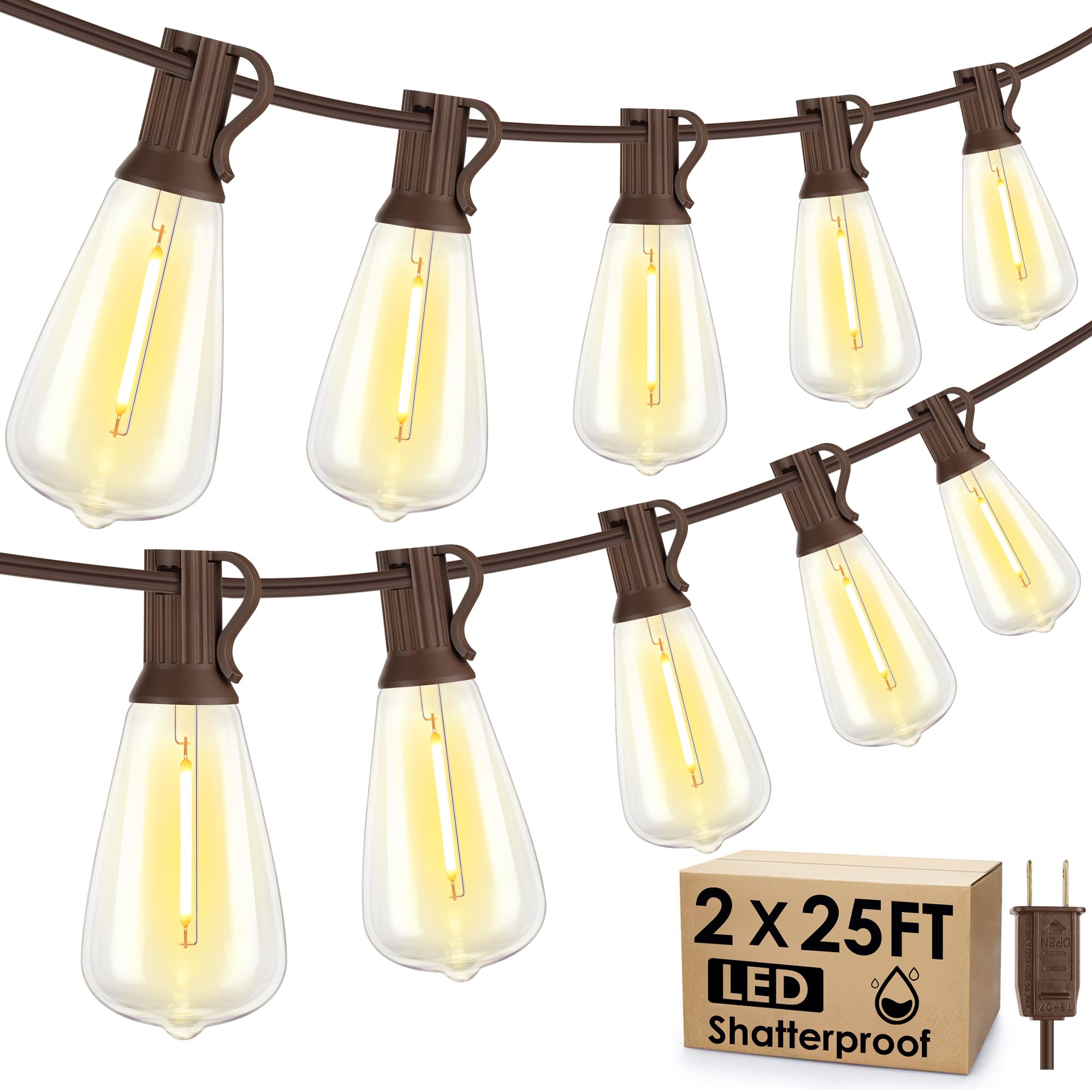 Larkvue 50FT(2x25FT) Outdoor String Lights, Patio Lights with 20+2 LED Dimmable Waterproof ST38 Vintage Shatterproof Bulb for Bistro Cafe Fence, Brown Image