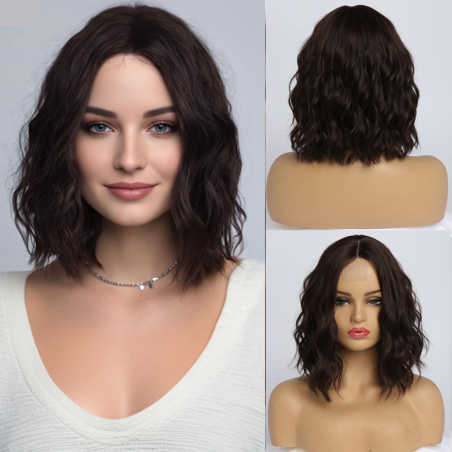 Photo 1 of simkaylee Dark Brown Wavy Wigs for Women 14 Inch Short Shoulder Length Middle Part Curly Wavy Bob Wig Natural Looking Synthetic Heat Resistant Fiber Wig for Daily Party Use