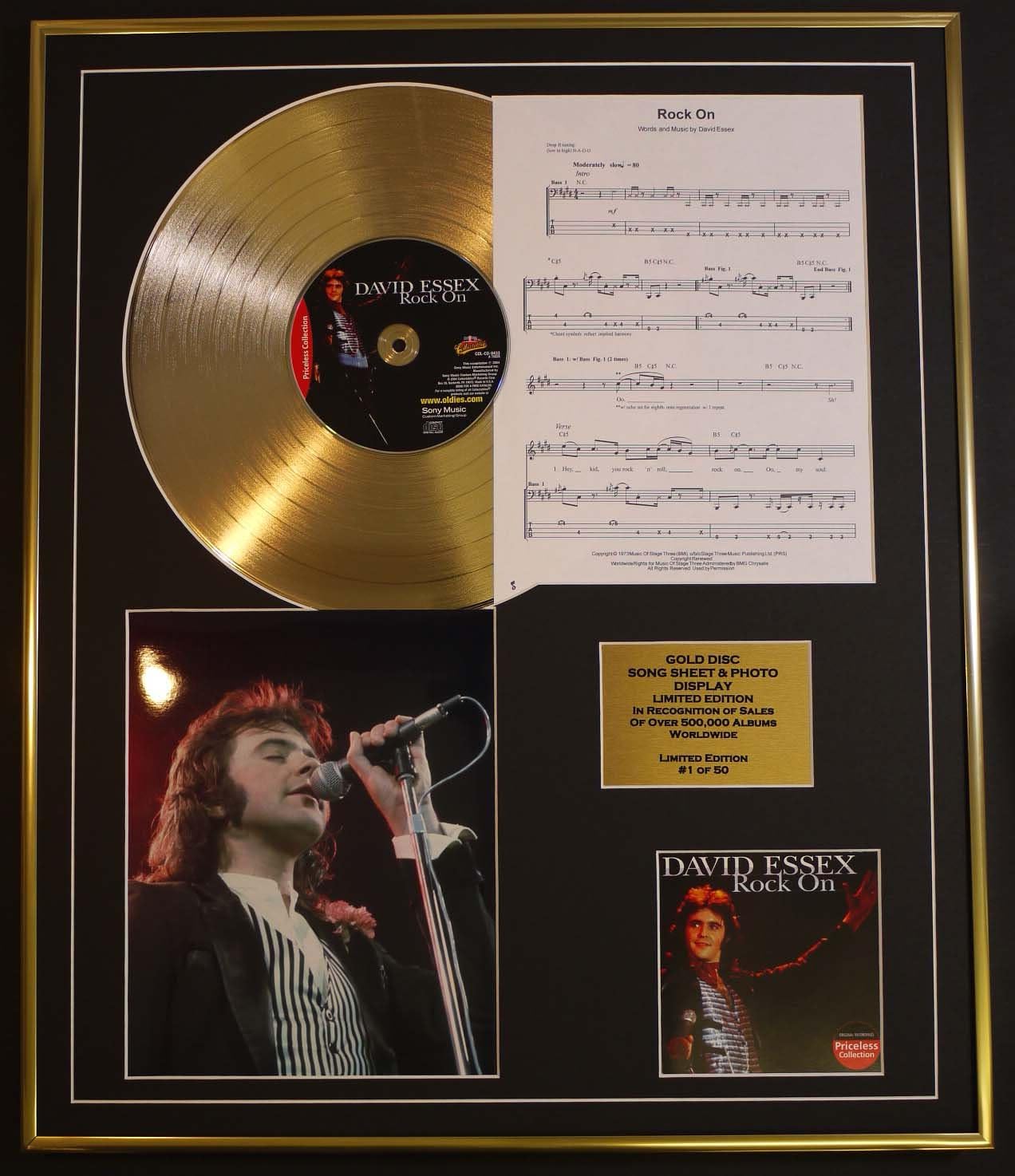 DAVID ESSEX/CD GOLD DISC, SONG SHEET & PHOTO DISPLAY/LTD. EDITION/COA/ALBUM, ROCK ON/SONG SHEET, ROCK ON, Black, 61L x 50.8W cm