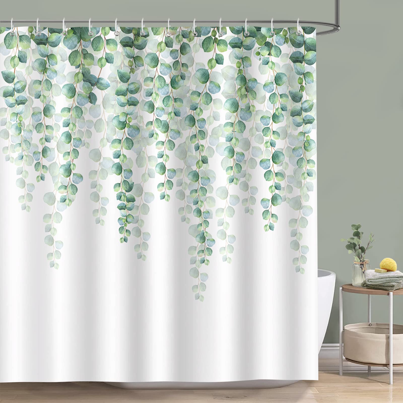 Bonhause Eucalyptus Green Leaves Shower Curtain 180 x 200 cm Leaf Plant Bathroom Curtain Waterproof Mildew & Mould Resistant Polyester Fabric Bath Curtain with 12 Hooks