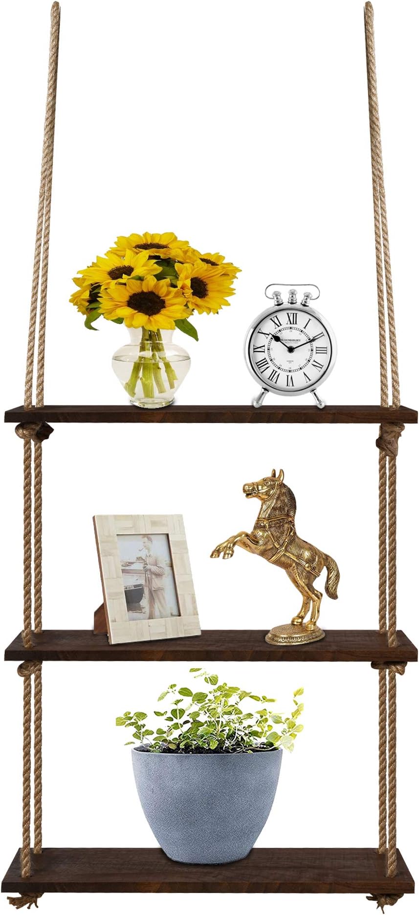 JerryHouse - 3 Tier, Hanging Wall Shelves Wood Rope Shelf Hanging Shelf Rustic Storage Rack Plant Shelves Floating Collectibles Display - Suitable for Living Room, Bathroom, Kitchen