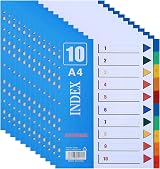 ROSSHINE 12Pack 1-10 Part A4 File Dividers 11-Hole PVC Colour Content List