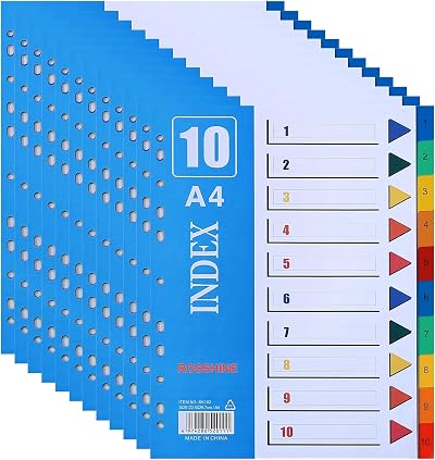 ROSSHINE 12Pack 1-10 Part A4 File Dividers 11-Hole PVC Colour Content List