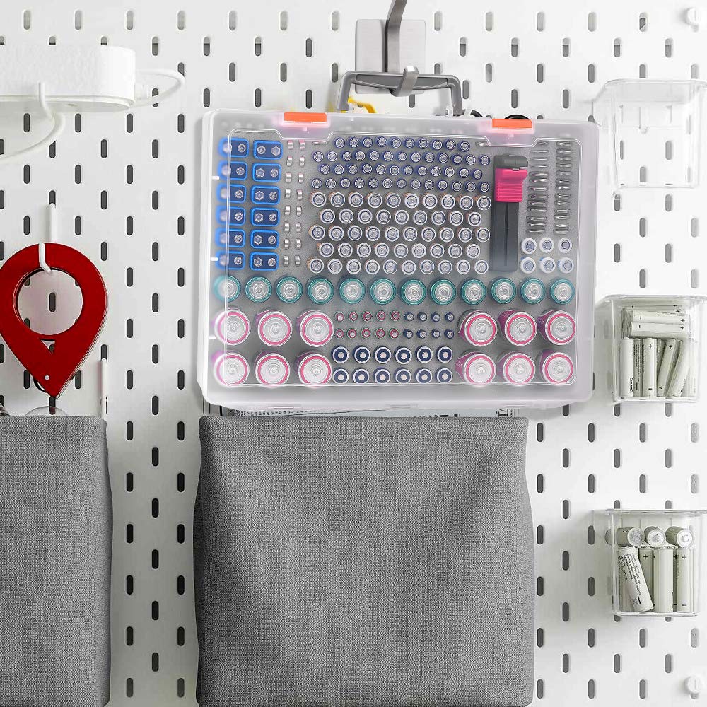 Battery Organizer Holder- Batteries Storage Containers Box Case with Tester Checker BT-168. Garage Organization Holds 225 Batteries AA AAA C D Cell 9V 3V Lithium LR44 CR2 CR1632 CR2032