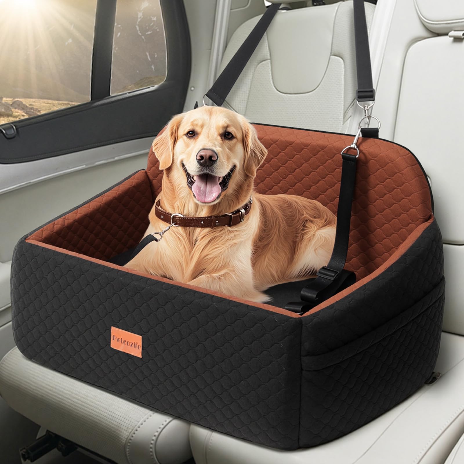 Photo 1 of Dog Car Seat for Large Medium Dogs, Pet Car Seat Under 55 lbs or 2 Puppies, Removable Washable Pets Travel Booster Bed for Automotive Backseat with Comfy Thick Cushion, 2 Safety Leashes(Black/Brown)