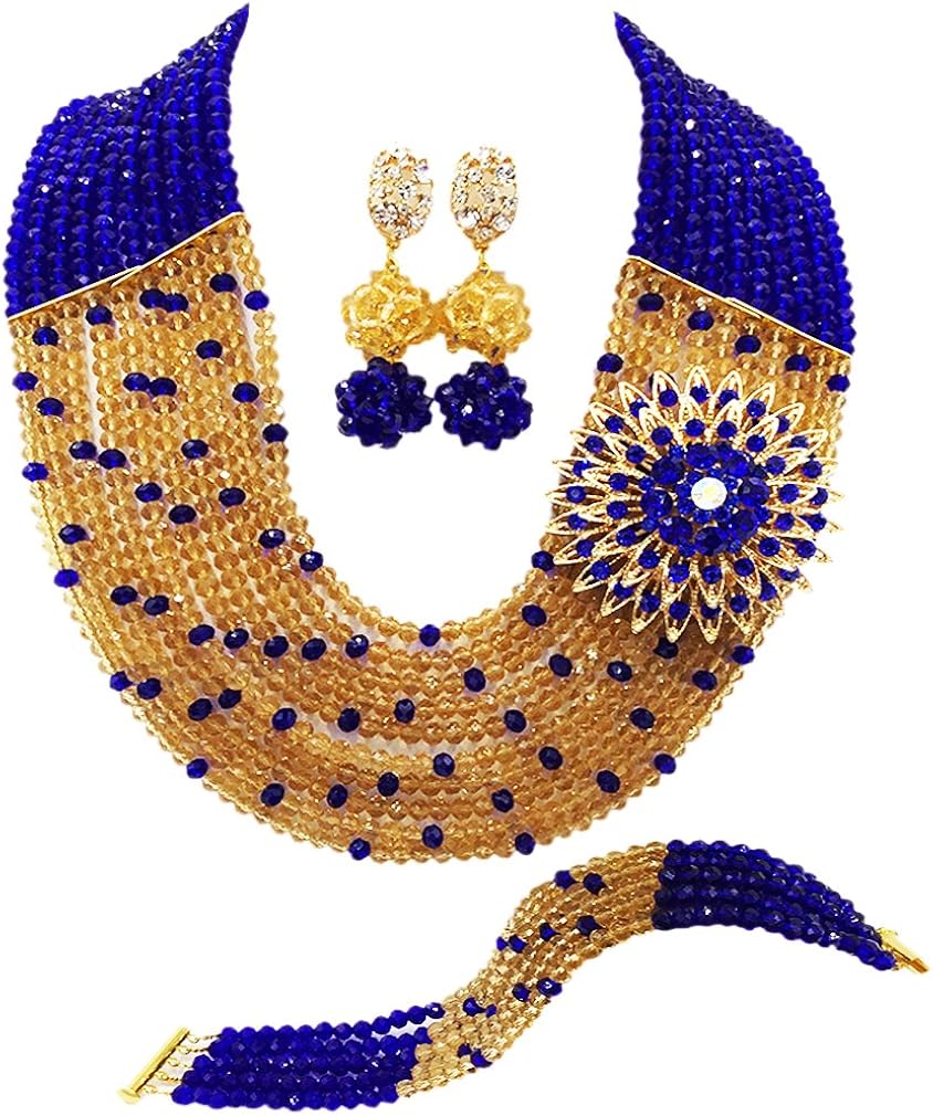laanc Fashion Nigerian Wedding African Beads 10 Rows Blue