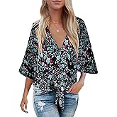 Bluetime Womens Summer Tops Boho 3/4 Sleeve V Neck Tie Front Shirts Casual Floral Blouses
