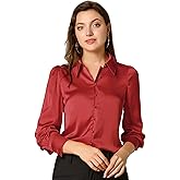 Allegra K Women's Satin Blouse Puff Long Sleeve Collared Button Down Shirt Dressy Office Work Top Business Casual