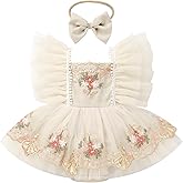 ODASDO Baby Girls First Birthday Party Dress Newborn Tulle Tutu Romper Floral Embroidery Bodysuit Cake Smash Outfit