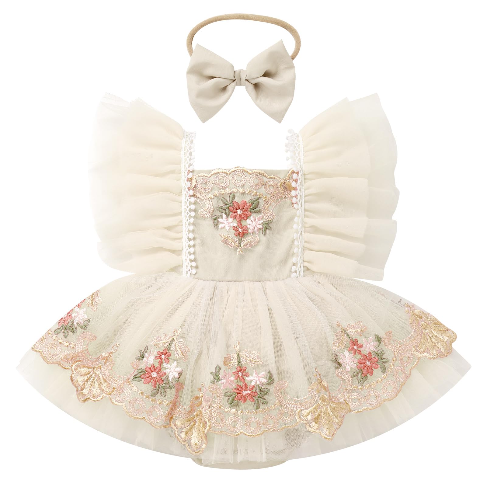 Photo 1 of ODASDO Dresses for Baby Girls 1st First Birthday Party Dress Newborn Fairy Tulle Tutu Bubble Romper Toddler Kids Floral Embroidery Bodysuit One Year Old Cake Smash Outfit Photo Shoot Apricot 12-18M