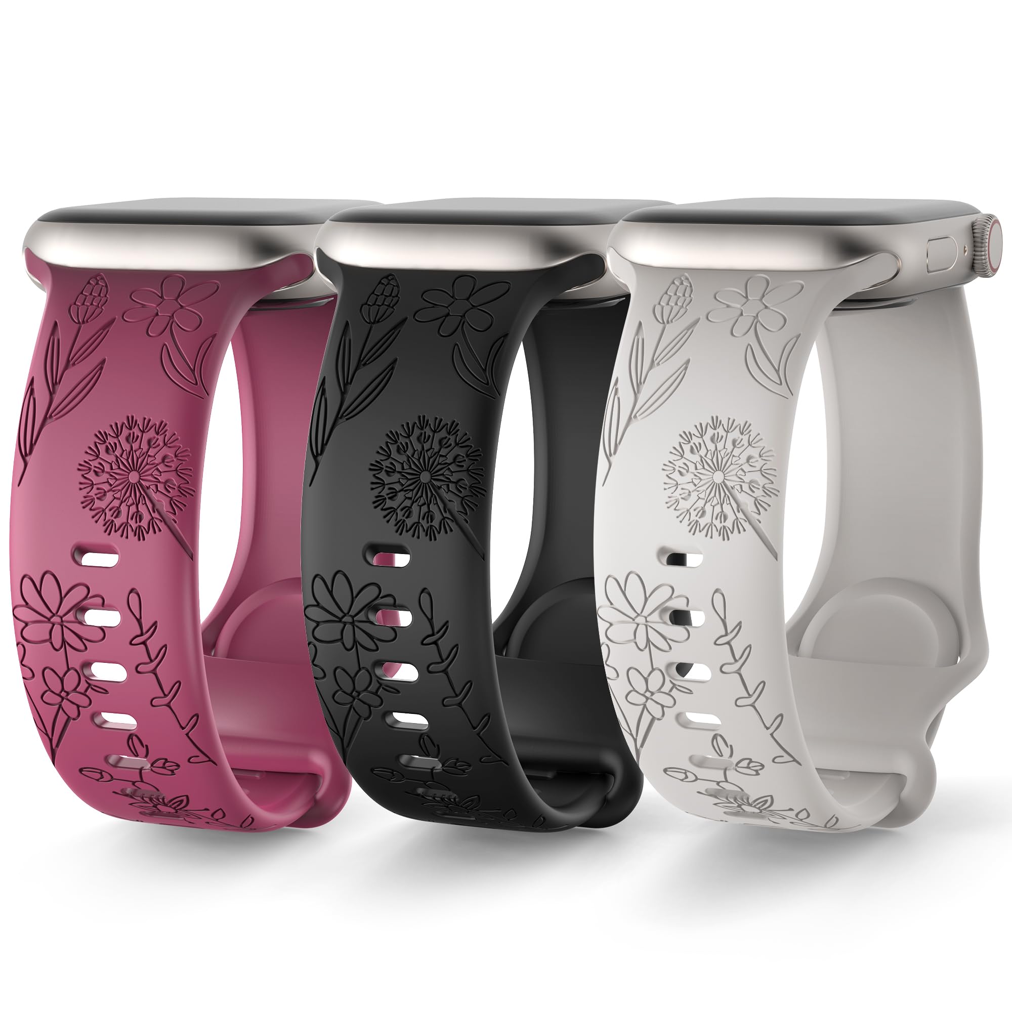 Photo 1 of 3 Pack Stylish Floral Engraved Smartwatch Bands for Women, Durable Soft Silicone iWatch Bands Compatible with Apple Watch Series 44mm 40mm 38mm 41mm 45mm 49mm 42mm Ultra 2 SE 9-1