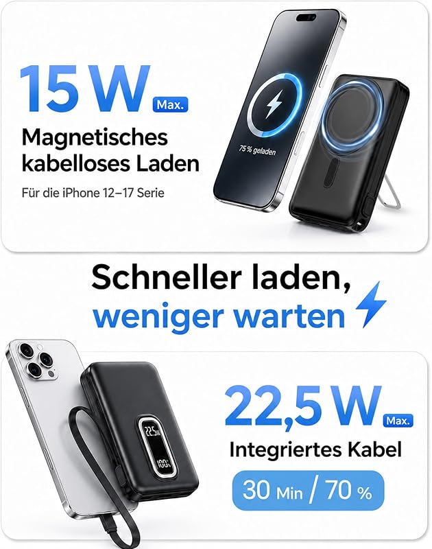 für MagSafe Powerbank iPhone, Schnelllade Power Bank Magnetisch mit Kabel — Foto 3 von 8