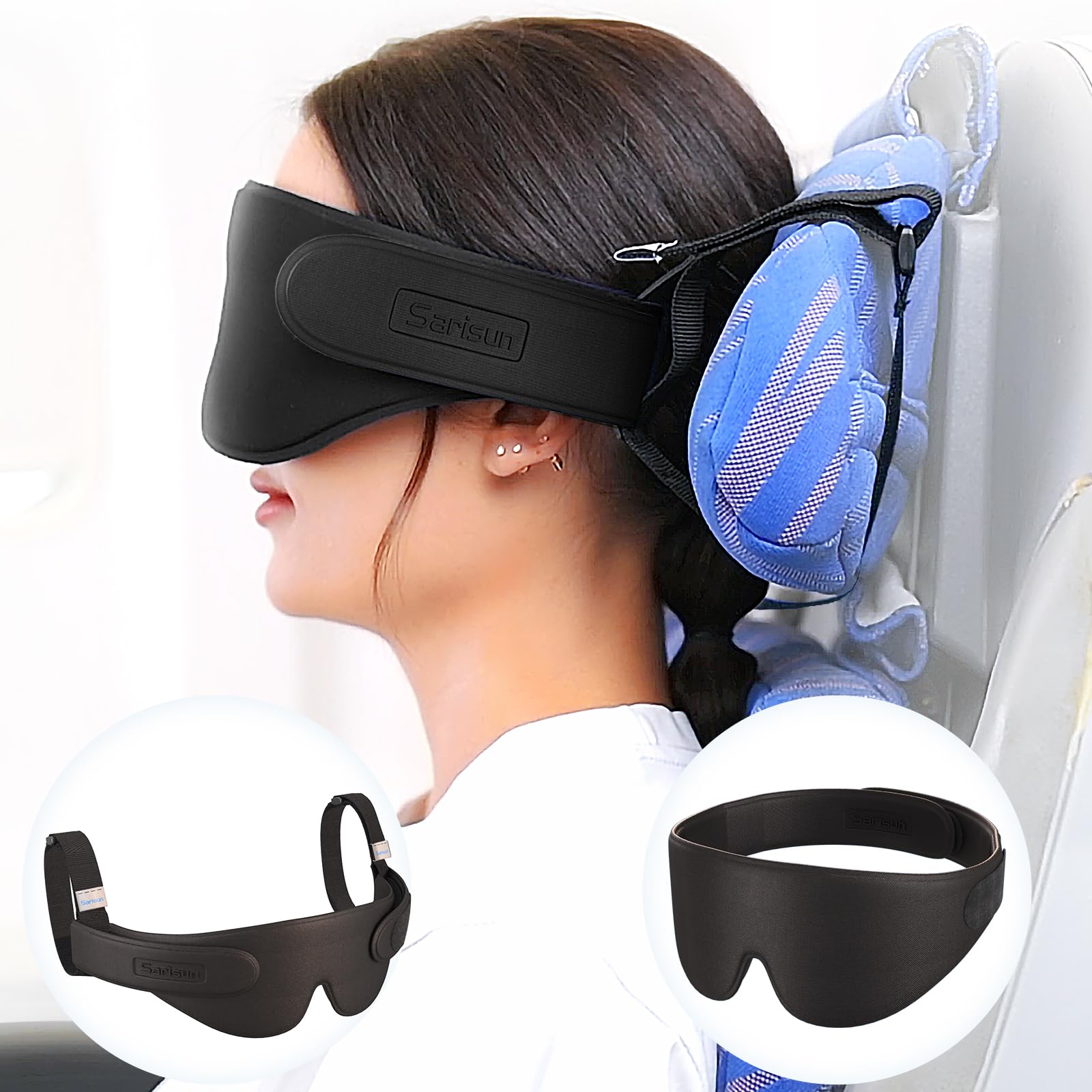 Photo 1 of SARISUN Airplane Head Strap 3D Eye Mask, Travel Pillow Alternative for Long Flight, 360° Support Sleep Head Hold, Stop Bobblehead, Ultra-Compact Lightweight Travel Essentials, Black