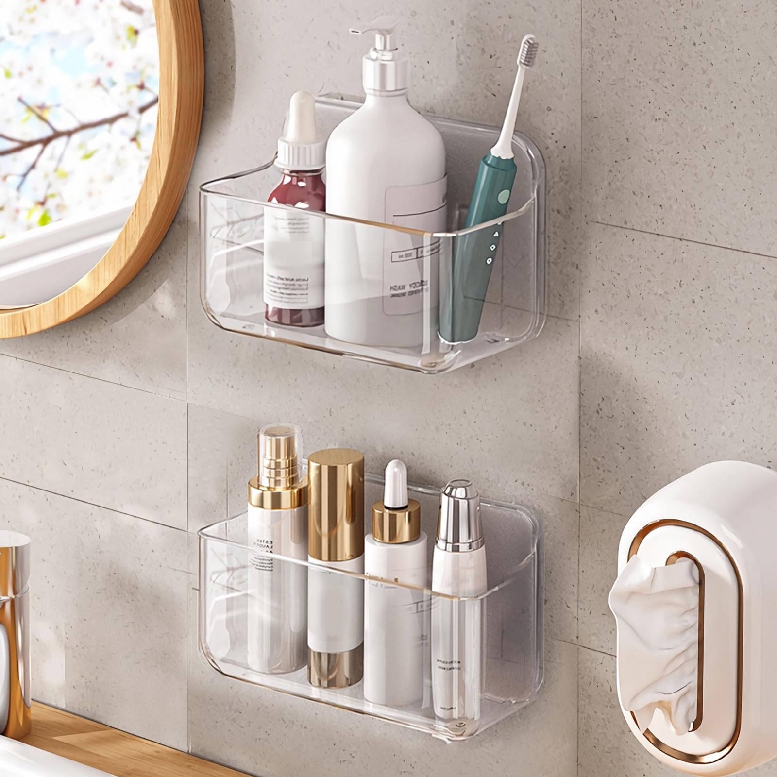 Photo 1 of Diesisa 2pc Acrylic Wall Mount Organizer, Adhesive Clear Cabinet Door Organizer,Acrylic Shelves for Wall,No Drilling Hang Walls,with Self Adhesive Tape, for Bathroom, Kitchen, Living Room