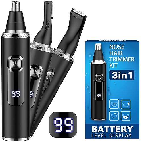 Nose Hair Trimmer for Men,3 in 1 USB Nose Trimmer with LED Battery Display,Painless Dual Edge Blades Nasal Hair Trimmers for Men,Eyebrow Razor,Ear Facial Hair Remover,IPX7 Waterproof,Easy Cleansing