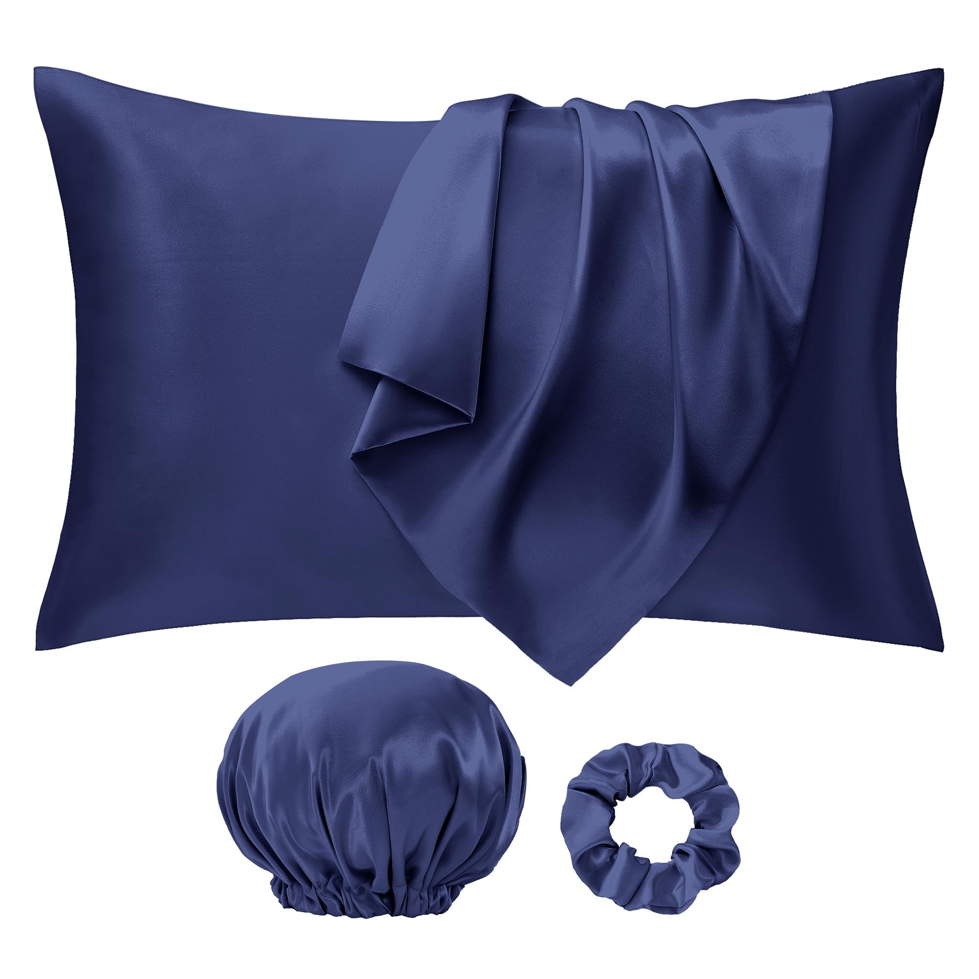 Seiwohl Silk Satin Pillowcase Soft as Silk Pillowcases for Hair and Skin Navy Blue Pillow Cases 2 Pack with Satin Scrunchies and Bonnet for sleeping, Cooling Pillow cases Envelope Closure, 50x75 cm