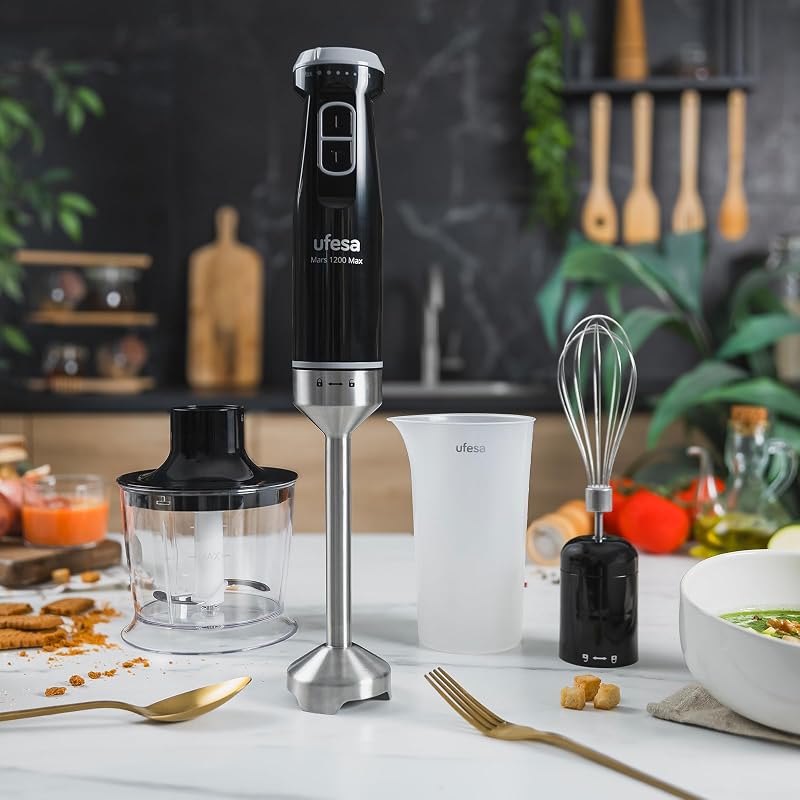 Batidora de Mano Mars 1200W, Control Velocidad Variable, Función Turbo, 4 Cuchillas de Alta Eficacia, Acero Inoxidable, Diseño Ergonómico, Antisalpicaduras, Vaso 700ml, Picadora 500ml y Batidor