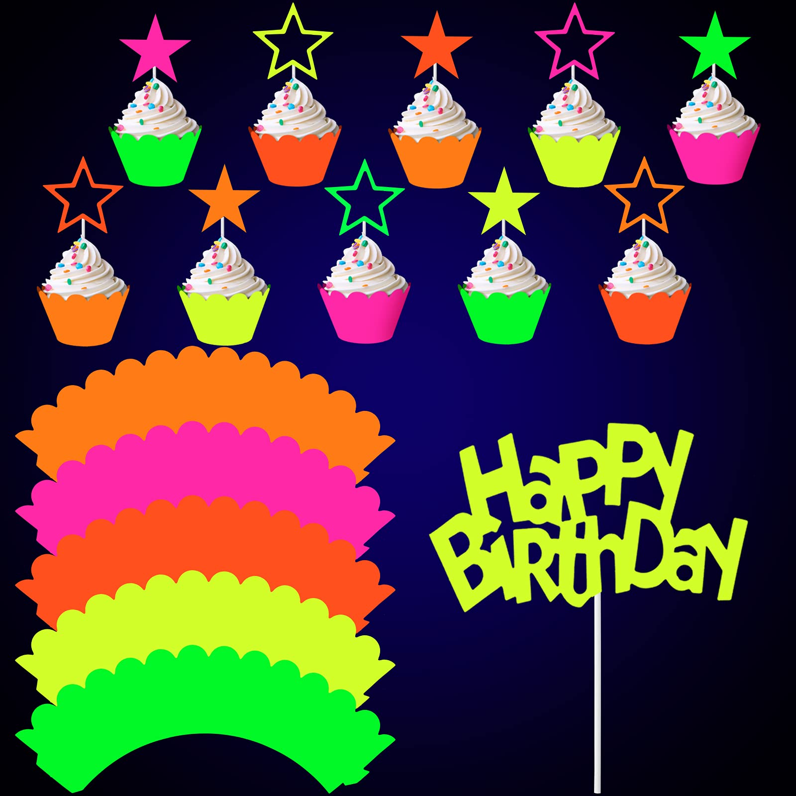 Photo 1 of 41 Pieces Glow Neon Birthday Party Decorations, Includes Yellow Happy Birthday Cake Topper Neon Cupcake Wrappers and Hollowed Out Star Cupcake Toppers for Wedding Black Light Reactive Party Decoration