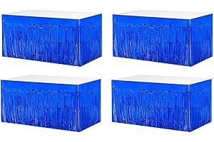 CLAYGHSEN 4 Pack 29x108 Inch Metallic Foil Fringe Tinsel Table Skirts for Rectangle Tables Streamer Curtains Backdrop for Wedding, Birthday, Parade Floats, Christmas, Halloween Party Decoration(Blue)