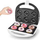 DSP Mini Donut Maker - Non-Stick, 6 Donuts, Cool-Touch | Quick 3-Min Baking, Indicator Lights, Easy Wipe-Clean, Breakfast/Snacks/Desserts, Electric Doughnut Machine, White