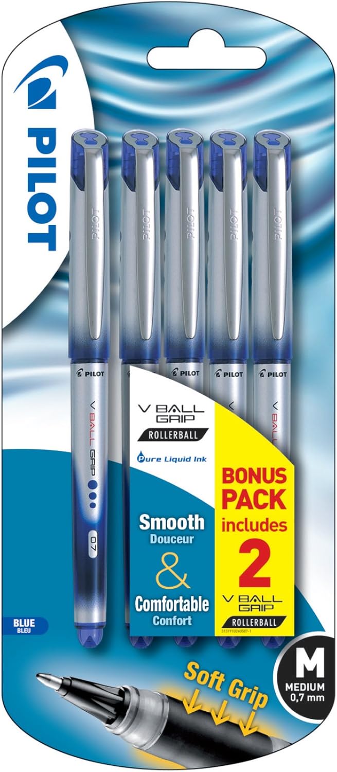 Pilot 0,7 mm Encre liquide Vball GripStylo rollerBleuLot de 5