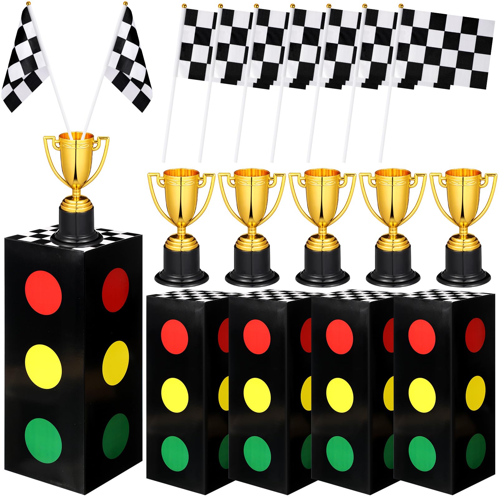 Photo 1 of CroBlissful Race Car Party Decorations Set Traffic Light Boxes Racing Checkered Flags and Gold Trophy for Racing Car Theme Birthday Party Supplies Table Centerpiece Decorations(36 Pcs)