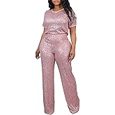 Sequin 2 Piece Outfit for Women Sparkle Wide Leg Pants Set Crew Neck Top Shiny Clubwear