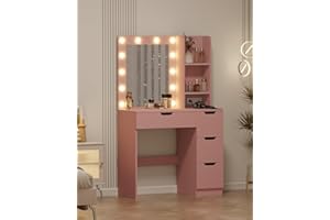 IDEALHOUSE Vanity Desk with Mirror & Light – Makeup Vanity Table with Built-in Power Outlets, USB Port, 4 Drawers, 3 Shelves,