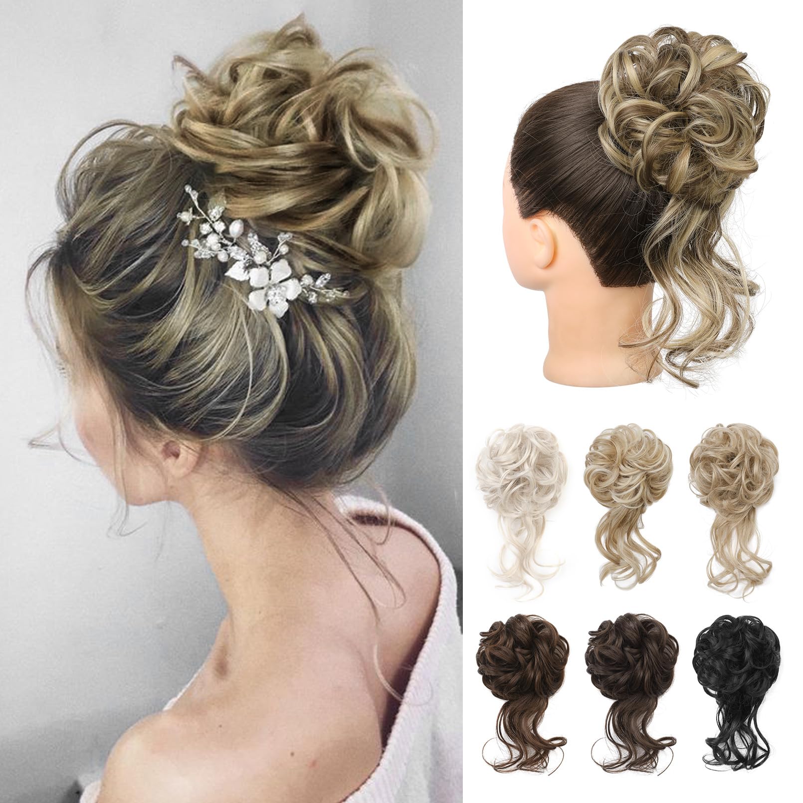 REECHO Messy Bun Hair Piece, Tousled Updo Elastic Hair Bun Hair Piece for Women Synthetic Messy Hair Bun Donut Accessories Scrunchies - Medium Brown with Highlights