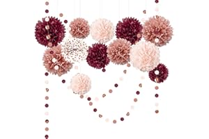 NICROLANDEE Bachelorette Party Decorations - 15Pcs Burgundy Rose Gold Tissue Pom Poms Circle Dots Polka Dot Kit for Valentines, Engagement, Wedding, Bridal Shower, Burgundy Birthday Decorations