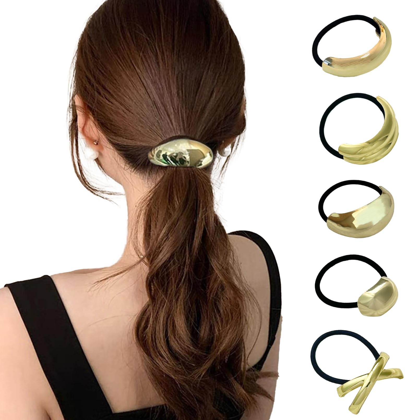 5 Pieces Metal Hair Tie,Ponytail Hair Cuffs,Gold Metal Elastic Hair Bands,Hair Ties for Thick Hair,Hair Elastics No Damage,Ponytails Hair Accessories for Women (Gold)