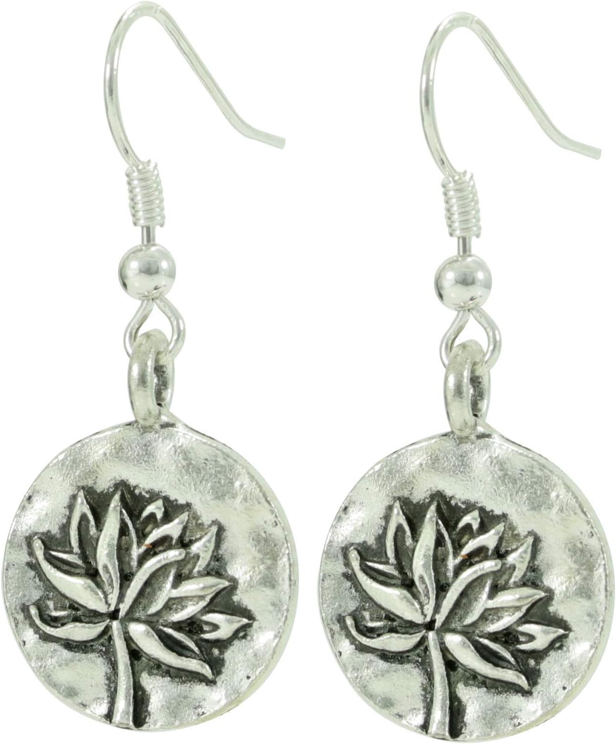 Lotus Flower Earrings, Hammered Silver Tone Jewelry, Handmade Fishhook Dangle Women's Earring Set