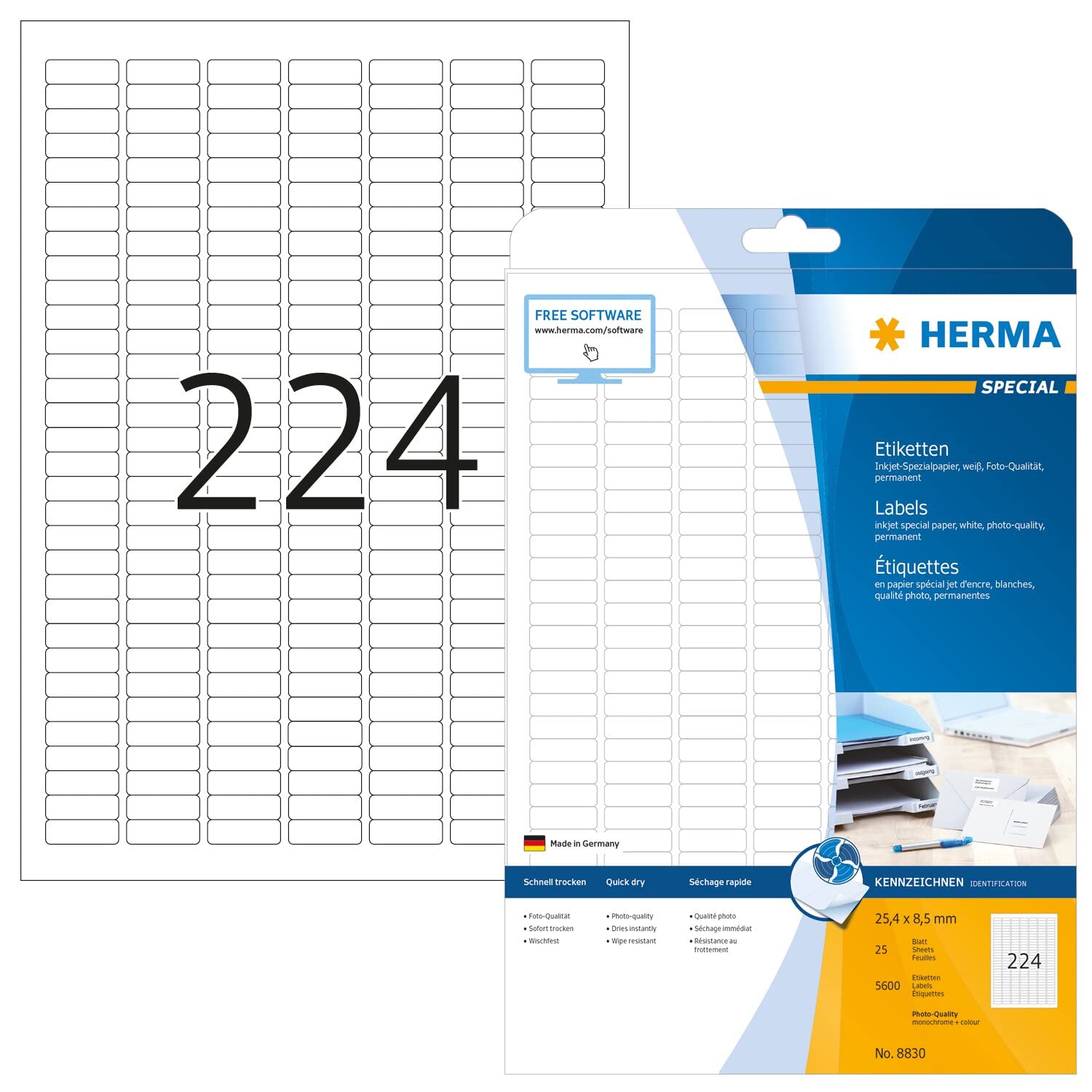 HERMA Self Adhesive Multipurpose Inkjet Labels, 224 Labels per A4 Sheet, 25 Sheets, 25.4 x 8.5 mm, 5600 Labels, Blank Universal Labels Stickers, Sticky Labels for Inkjet Printer, White