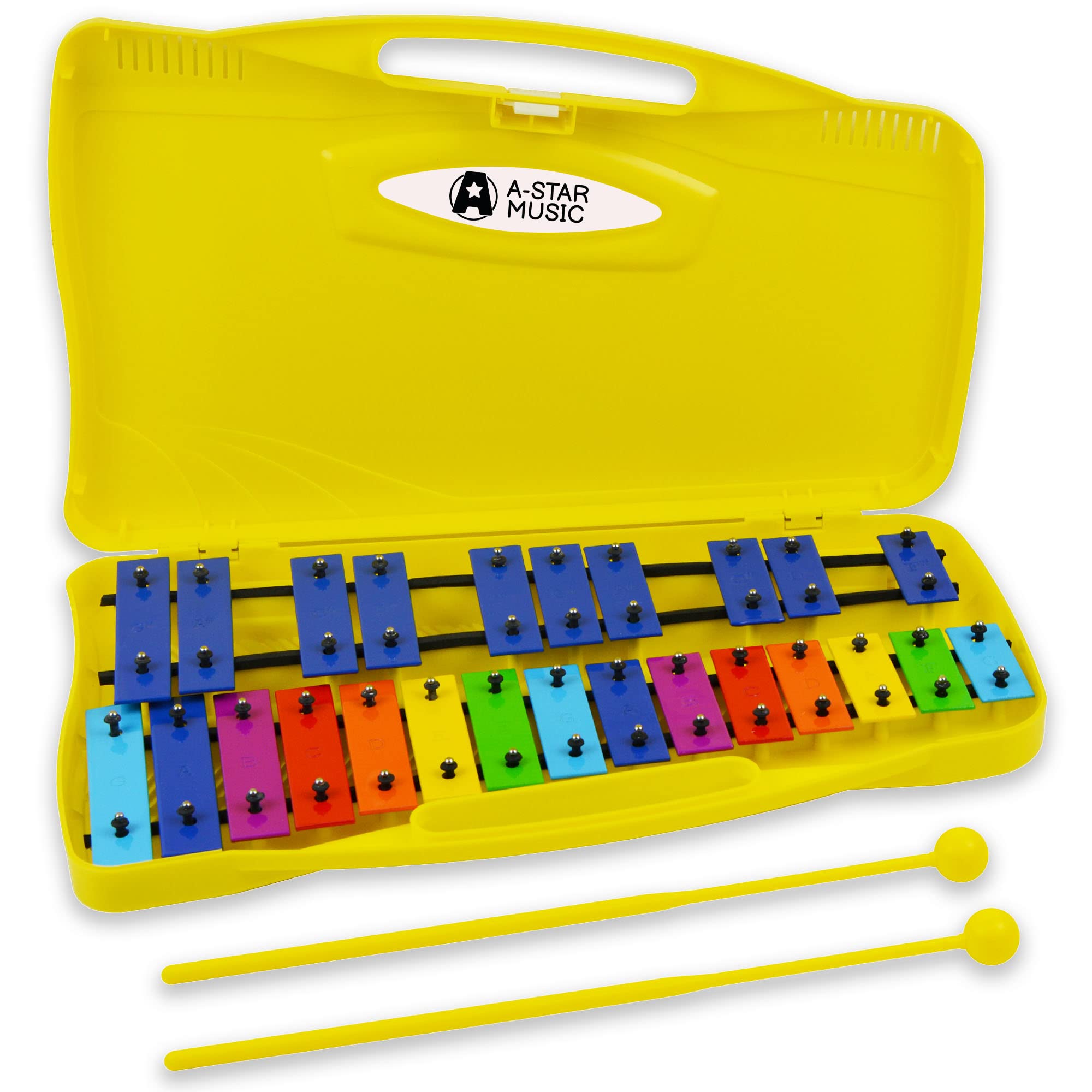 A-Star 25 Note Colourful Rainbow Key Soprano Chromatic Glockenspiel Xylophone in Yellow Case with Two Plastic Beaters - 2 Octaves G5 to G7