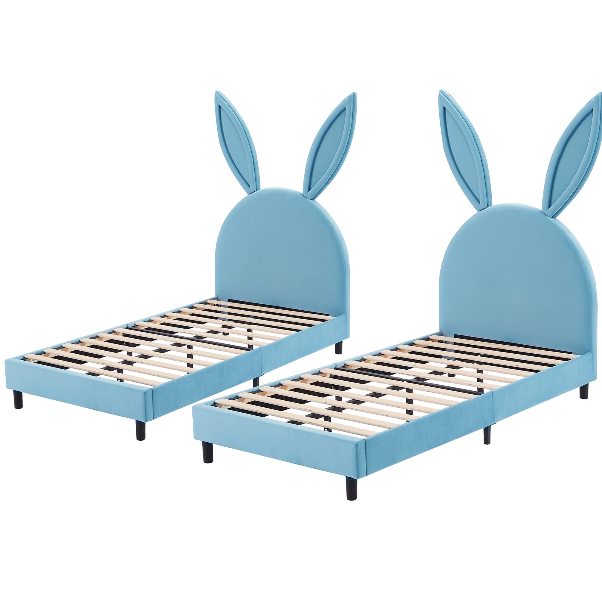 VECELO Twin Size Bed Frame Set of 2, Upholstered Platform Bedframe with Bunny Ear Headboard, Strong Wood Slat Supports, No Box Spring Needed, Blue