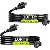 10 FT (2Pack) 13A 1625W 16/3 Black Extension Cord, Indoor Extension Cord for Laptops, Coffee Makers, Office Home Appliances, 3 Prong Resistant Cable Flexible, 125V ETL Listed
