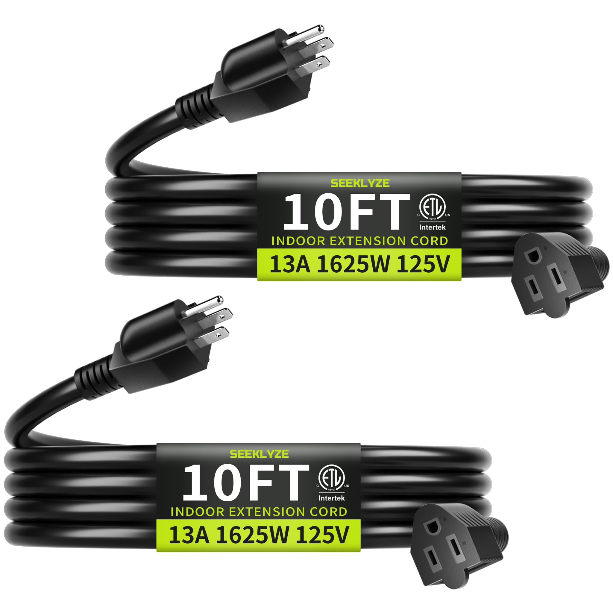 Photo 1 of 16/3 Black Extension Cord 10 FT (2Pack), Indoor Extension Cord for Laptops, Coffee Makers, Office Home Appliances, 3 Prong Resistant Cable Flexible, 13A 125V 1625W ETL Listed