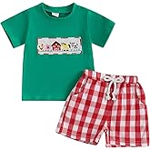 Mobbdow Toddler Baby Boy Clothes Farm Animal Embroidered Short Sleeve T-Shirt and Plaid Shorts Set 2Pcs Summer Outfit