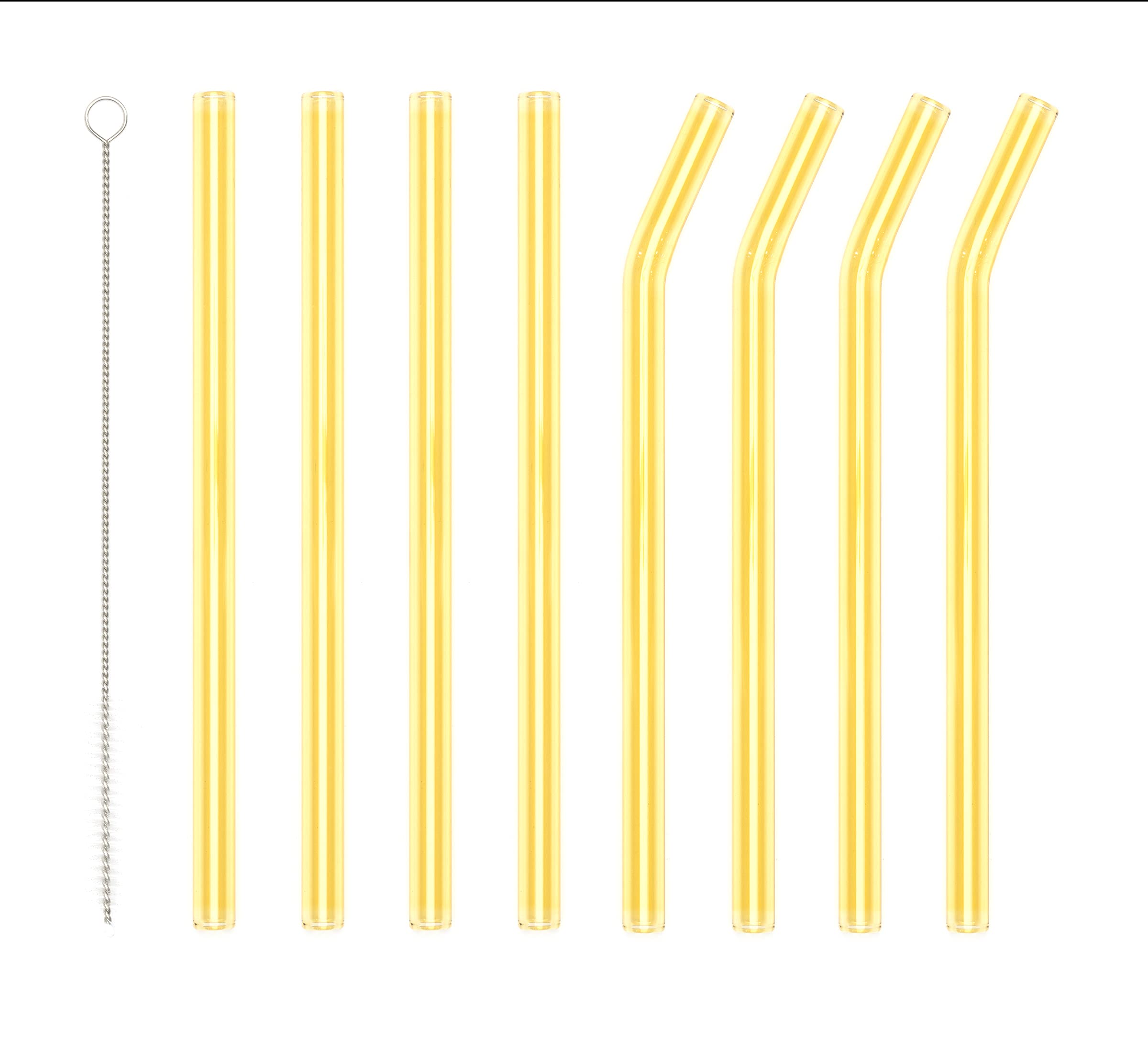 Reusable yellow glass drinking straws with 1 cleaning brush - 4 curved and 4 straight glass straws for cocktail, smoothie milkshake or tea - environmentally friendly, healthy.