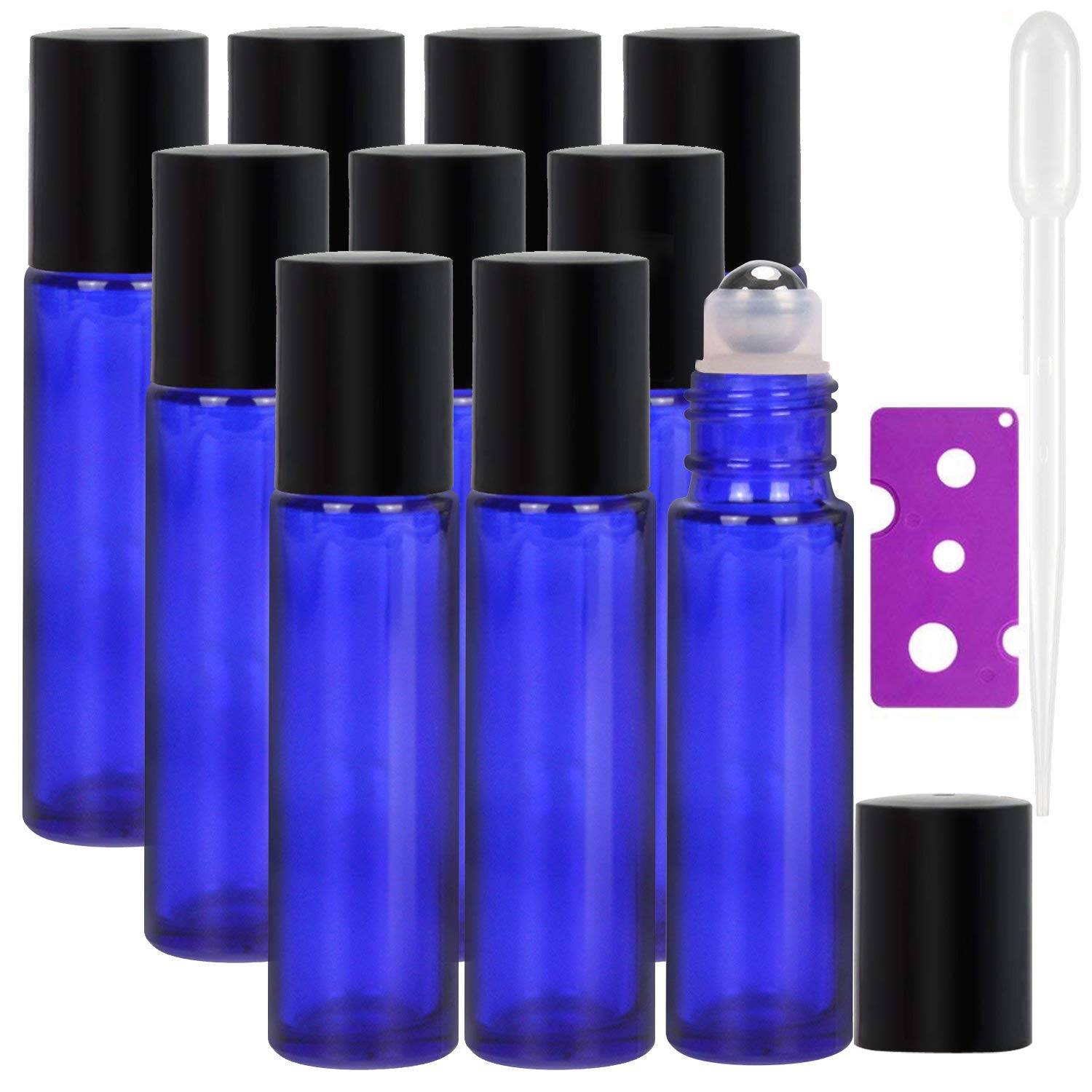 Alledomain 10 Pcs, 10 Ml Essential Oils Roller Bottles, Refillable Cobalt Blue Glass Roll on Bottles with Black Caps & Stainless Steel Balls, Includes 1 Opener & 1 Dropper