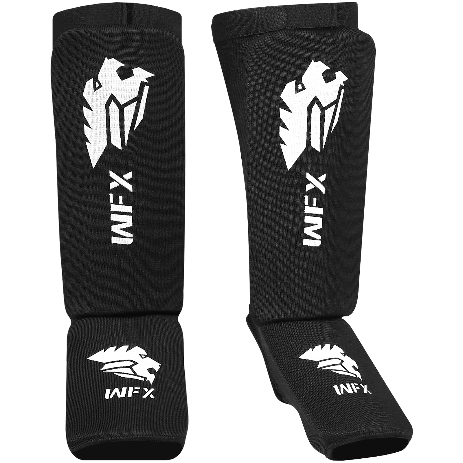 WFX Shin Guards for Kickboxing Leg Instep Protection Pads Muay Thai MMA Training Boxing Sparring Elasticated Padded Leg Foot Protector for Martial Arts karate BJJ Taekwondo Men Women (L, Black)