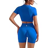SUUKSESS Women 2 Piece Workout Sets Hidden Scrunch Butt Lifting Biker Shorts Short Sleeve Crop Tops