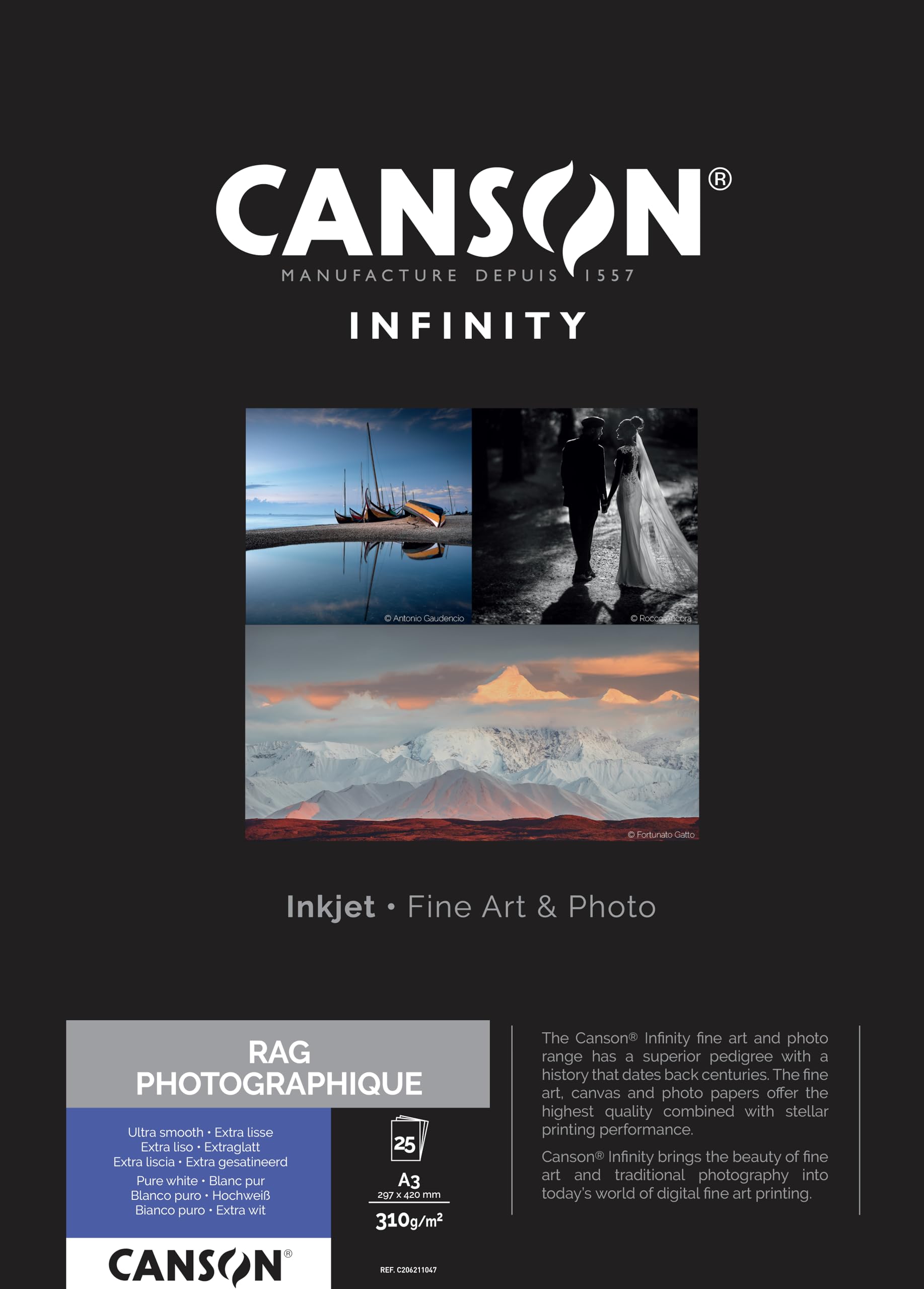 Canson Infinity Rag Photographique Smooth White Inkjet Photo Paper, 310gsm, A3, 25 Sheets, Acid-Free, Ideal for Professional Photographers